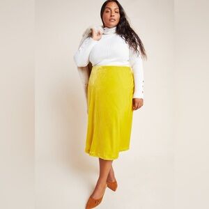 NWT! Maeve By Anthropologie Kelly Velvet Midi Skirt Mustard Yellow Womens Size L